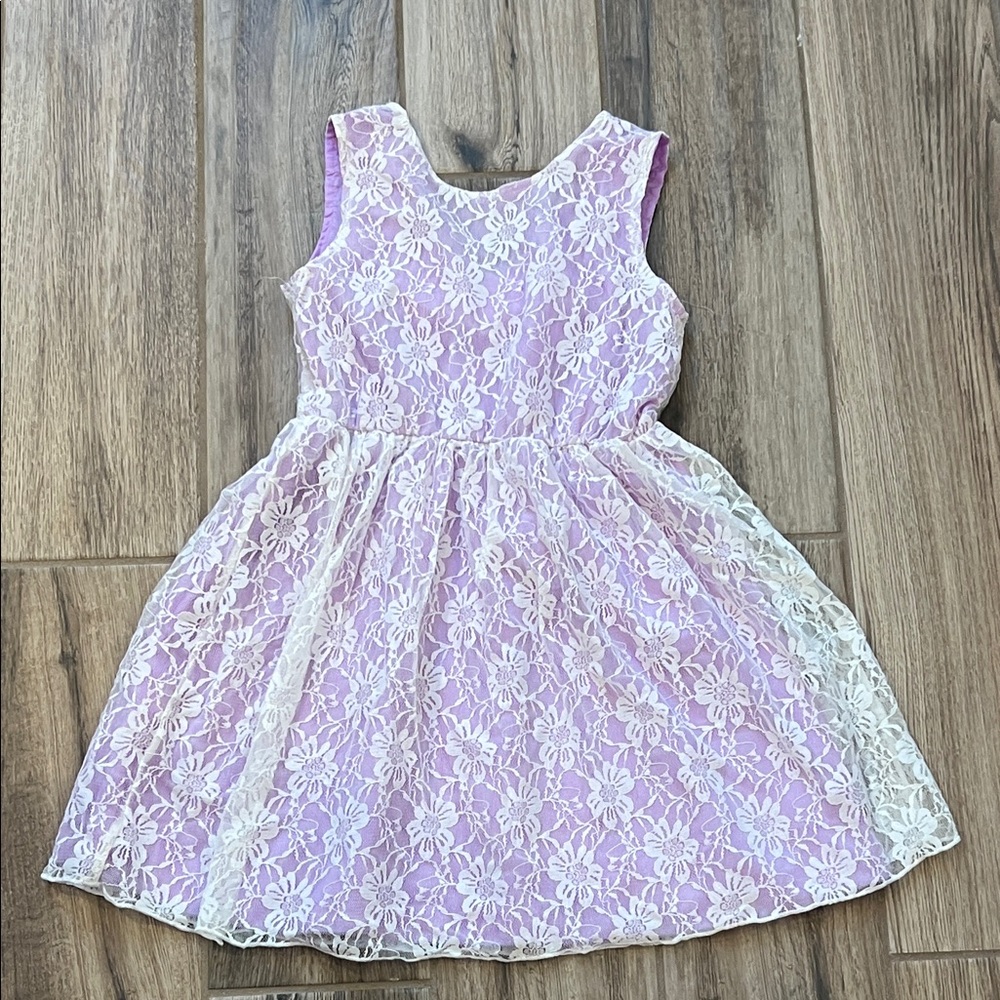 Floral Lace Kids Dress with Bow Back - Purple and White